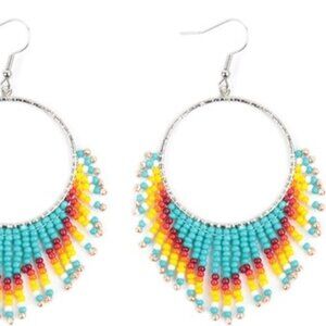 Turquoise accent Glass Beaded Metal base Hoop Earrings